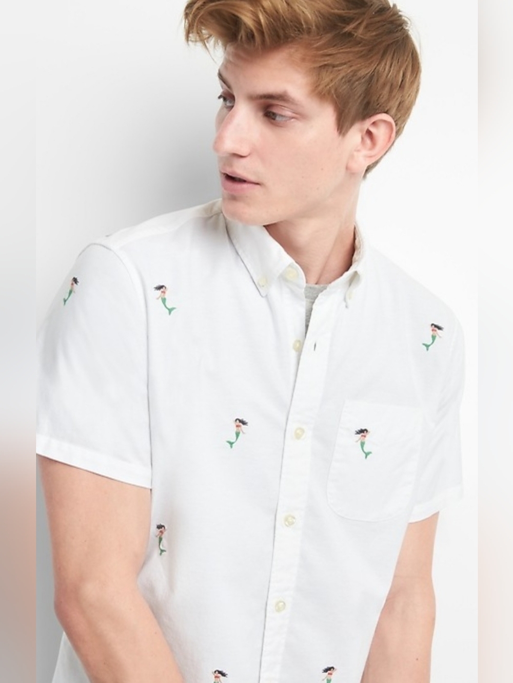 GAP Men’s Embroidered Mermaid Short Sleeve Button Down Shirt XL Cotton Stretch
